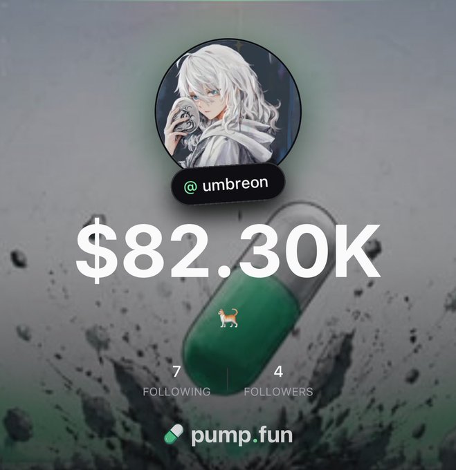 The image displays a Pump.fun profile for user "@umbreon" featuring an anime-style avatar of a white-haired character, showing a balance of **$82.30K** with a dog emoji, 7 following, and 4 followers. This visualizes the post's message about returning to onchain trading via the Pump mobile app, highlighting cross-chain accessibility and zero fees as the tradfi-to-crypto transition gains momentum.