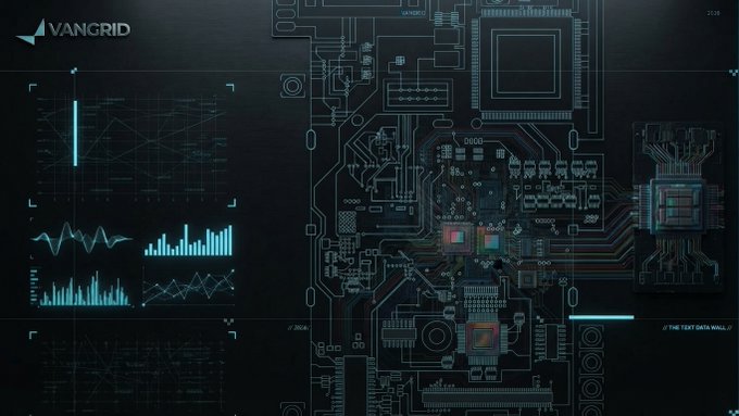 A dark blue tech-themed interface branded 'VANGRID' shows circuit board patterns and various data charts and graphs.