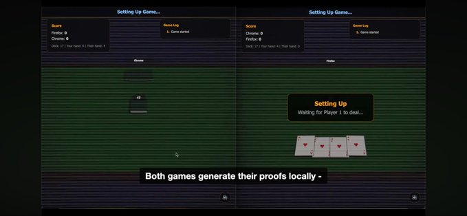 A side-by-side screenshot of two games, "Go Fish" (Olivia vs. SV) and "Hearts," both showing "Setting Up Game..." status with "Waiting for Player 1 to deal..." prompts. A subtitle reads "Both games generate their proofs locally," illustrating the post's showcase of client-side ZK proving demos built with Midnight/Mina integrated with EVM and Cardano stacks.