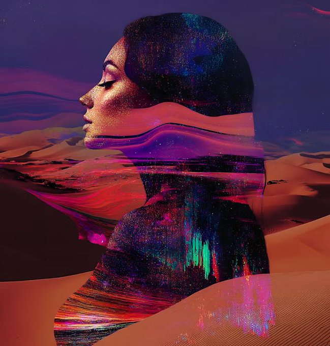 A surreal digital artwork blending a side-profile silhouette of a woman's face with vibrant desert dunes and glitchy neon pink and green textures.