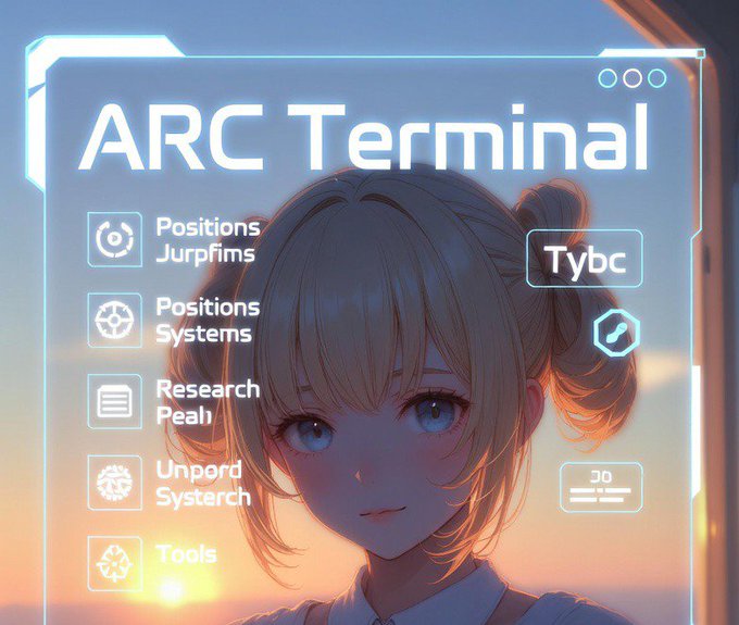 An anime-style illustration of a young woman overlaid with a futuristic heads-up display titled 'ARC Terminal,' featuring menu options like 'Positions Jurpfims,' 'Research Peah,' and 'Tools' against a sunset sky background.