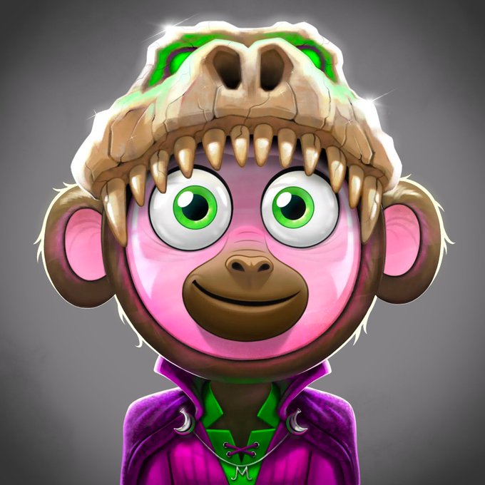A 3D digital character featuring a pink monkey face with large green eyes, wearing a dinosaur skull cap and a purple jacket.