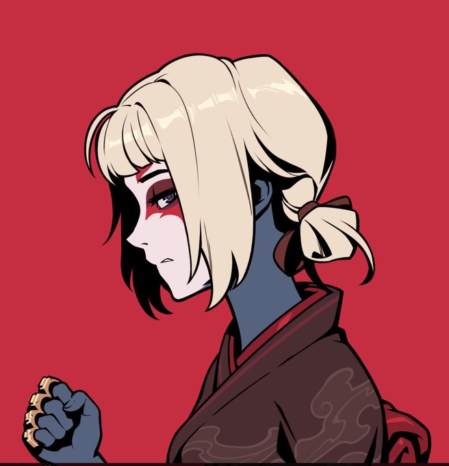 An anime-style illustration of a character with pale blonde hair in a side ponytail, dark blue skin, red markings under their eye, and a dark traditional robe, set against a solid red background.