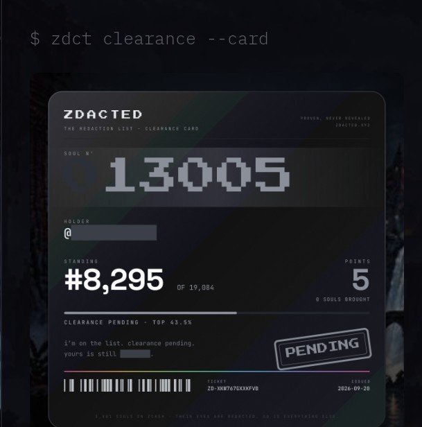 A 'ZDACTED' digital clearance card with Soul No. 13005, showing a pending status and standing of #8,295 out of 19,084.