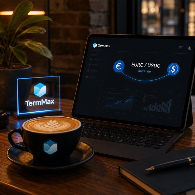A promotional image showing the TermMax logo on a tablet displaying a EURC/USDC exchange interface, alongside a branded coffee cup and notebook.