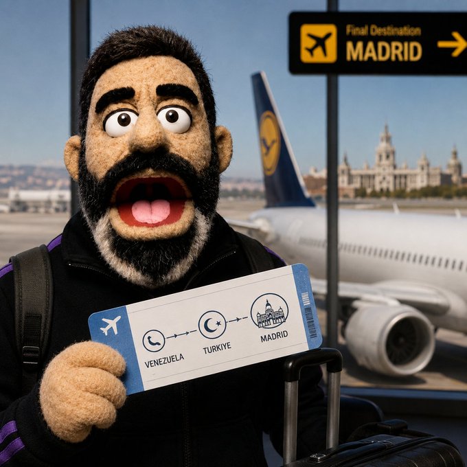 The image features a man holding a piece of paper with a map of Europe, including Madrid, and a suitcase. The man appears to be a puppet or stuffed animal character, possibly representing a traveler. The text in the image reads "My trip to Madrid starts today. I'll arrive on Monday the 8th and will be there for a few days before heading to Berlin to take part in the @solana Summit by @SuperteamDE". This suggests that the man is preparing for an upcoming journey, possibly to Madrid or another European city, and has packed his belongings along with a map of Europe.
