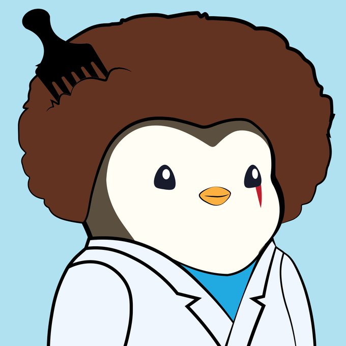 The image features a cartoon penguin with an afro hairstyle, wearing a white lab coat and blue shirt. The penguin has a bandana tied around its head, giving it a unique appearance. The background of the image is a light blue color that contrasts nicely with the white fur of the penguin. There are no other objects or text in the image besides the penguin itself.