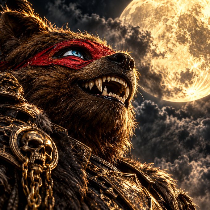 A detailed digital illustration of a werewolf or beast warrior wearing a red headband, baring sharp fangs with a large full moon glowing in the cloudy night sky behind it.