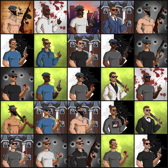 The image is a 5x5 collage showcasing 25 NFT character variations of "Robin Mafia," featuring a stylized man with sunglasses, a beret/cap, and various firearms (pistols, rifles) against diverse backgrounds like bullet-riddled walls, Mafia Houses, and green walls, representing the 555-item free mint collection on the Robinhood chain. Visible text includes "ROBIN'S FAMILY," "Mobstudios," and stylized document backgrounds, tying into the Mafia theme.
