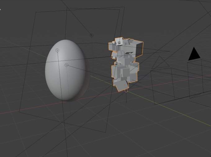 A 3D modeling software interface showing a gray egg-shaped object next to a blocky, voxel-style character model in a gray workspace with grid lines.