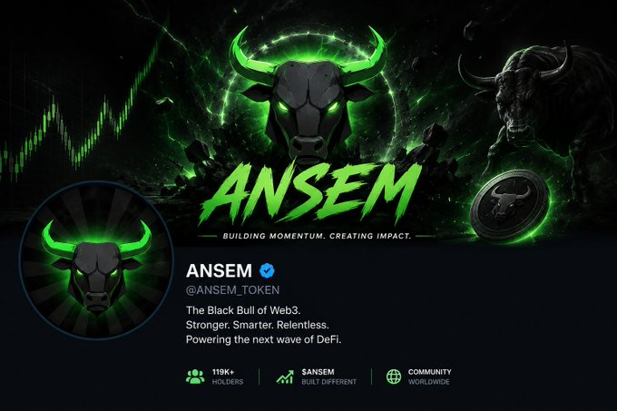 The image shows the branding for $ANSEM (@ANSEM_TOKEN), featuring a fierce black bull logo with glowing green accents and a candlestick chart, tagged as "The Black Bull of Web3" with the tagline "Building Momentum. Creating Impact." It displays 119K+ holders, a "Built Different" ethos, and a worldwide community—visually reinforcing the post's message about early conviction and real momentum before the next major pump.