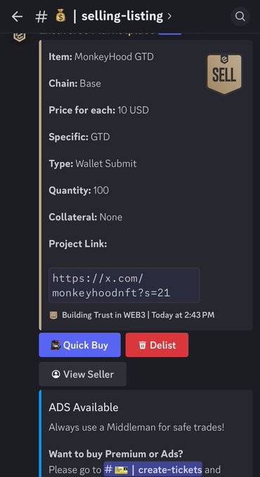 A Discord listing showing a bulk sale of 100 "MonkeyHood GTD" whitelist spots on the Base chain for $10 each via Wallet Submit, which the post cites as evidence that some users acquired large quantities of guaranteed WL spots to resell, while others struggled to obtain even one.