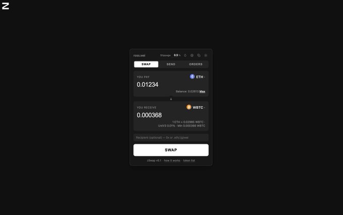 The image shows a dark-themed cryptocurrency swap interface displaying a trade of 0.01234 ETH for 0.000368 WBTC at an exchange rate of 1 ETH = 0.02988 WBTC, with visible tabs for SWAP, SEND, and ORDERS. While the post praises a "true DeFi builder," the screenshot ironically depicts a typical decentralized exchange transaction rather than showcasing any innovative multisig work, suggesting the poster may have missed the builder's earlier message about their project.