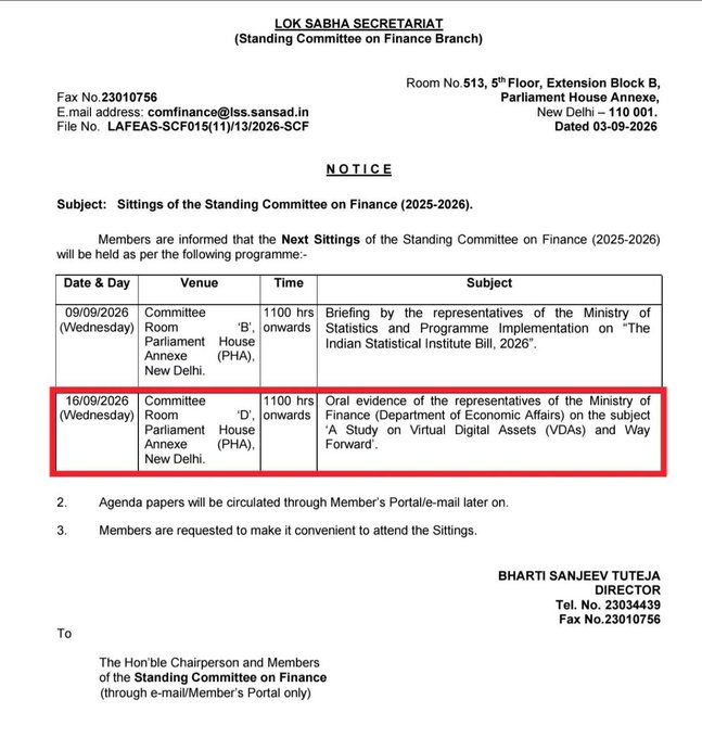 An official notice from the Lok Sabha Secretariat (Standing Committee on Finance Branch) dated 03-09-2026, with a red box highlighting a meeting on 16/09/2026 regarding oral evidence on 'A Study on Virtual Digital Assets (VDAs) and Way Forward' from the Ministry of Finance.