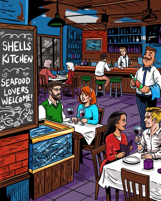 A vibrant comic book-style illustration depicts the lively interior of "Shells Kitchen," a seafood restaurant featuring a chalkboard sign reading "SHELLS KITCHEN SEAFOOD LOVERS WELCOME!" alongside patrons dining, a bartender serving wine, and a fish tank, capturing the bustling, welcoming seafood-themed eatery referenced in Comic Book #18's promotional post.