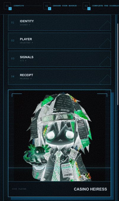 A dark blue digital interface displays a glitching hooded figure with glowing eyes labeled "CASINO HEIRESS," alongside menu items reading "IDENTITY LOCKED," "PLAYER SELECTED," "SIGNALS 3/3," and "RECEIPT PRINTED." The glitchy aesthetic and character label match the post's reference to "BR0KE B◉_◉KIES" building a "colder kind of character world" on ARC.