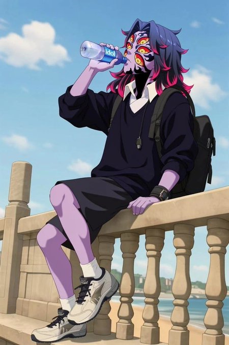 The image features an anime character sitting on a stone ledge, drinking water from a bottle while wearing a backpack. The scene takes place near a beach with a body of water visible in the background. The character appears to be in a relaxed position as they enjoy their drink and take in the view.