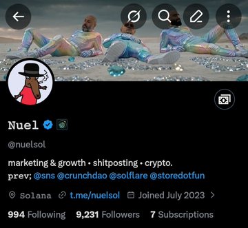 A Twitter profile page for "Nuel" (@nuelsol) shows a header image of people in metallic bodysuits on a beach, with the bio describing them as working in "marketing & growth · shitposting · crypto." and mentioning Solana.