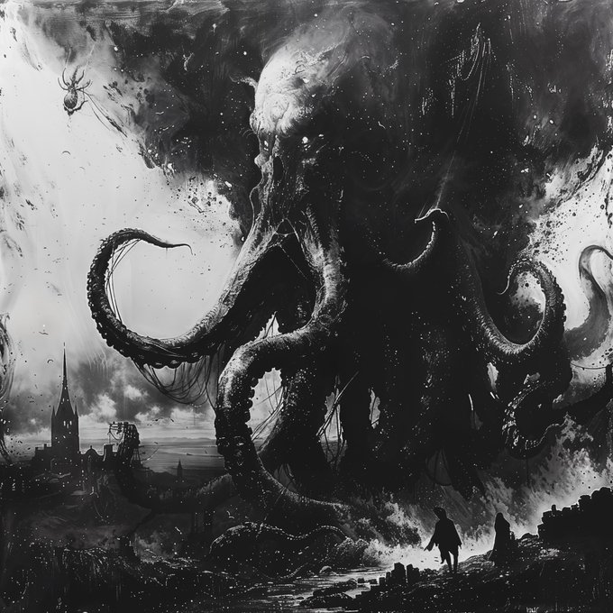 A black and white fantasy illustration depicts a massive, terrifying kraken-like creature with enormous tentacles emerging from stormy seas, dwarfing a tiny human figure standing on the shore near a town.