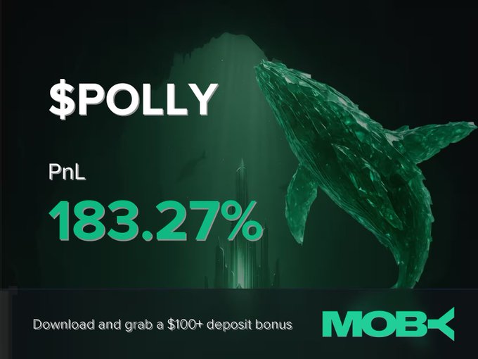 A Moby Mobile promotional graphic celebrates a trader's 183.27% PnL win on $POLLY, featuring an underwater-themed design with a translucent green whale diving beneath a beam of light, alongside the call-to-action "Download and grab a $100+ deposit bonus" and the Moby logo.