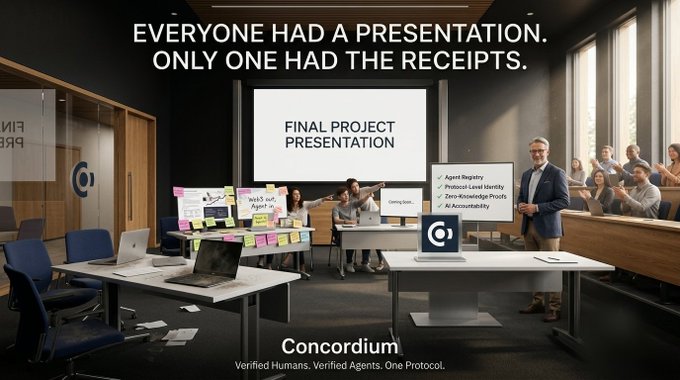 An advertisement for 'Concordium' displaying the tagline 'EVERYONE HAD A PRESENTATION. ONLY ONE HAD THE RECEIPTS,' showing a presentation room setting and listing features like 'Agent Registry' and 'Zero-Knowledge Proofs.'