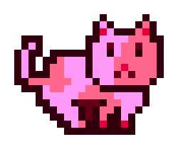 A pixel art image of a pink cat or kitten with a playful expression, featuring darker pink accents and pixelated details.
