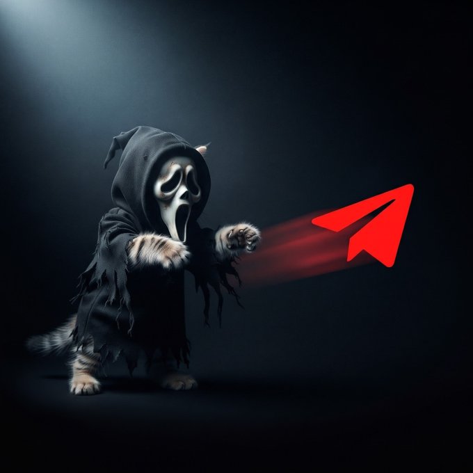 A hooded, cat-like horror creature with a stretched white mask stands in a spotlight, projecting a red beam toward a large red arrow graphic.