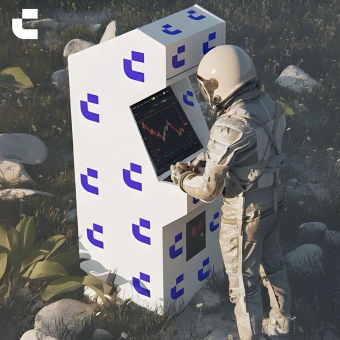 An astronaut in a white spacesuit stands at a freestanding ATM-like machine on a rocky, grassy terrain, interacting with its screen displaying financial charts. The machine is covered in repeating purple logos, while a "GM" (Good Morning) greeting accompanies the image as a crypto community morning post.