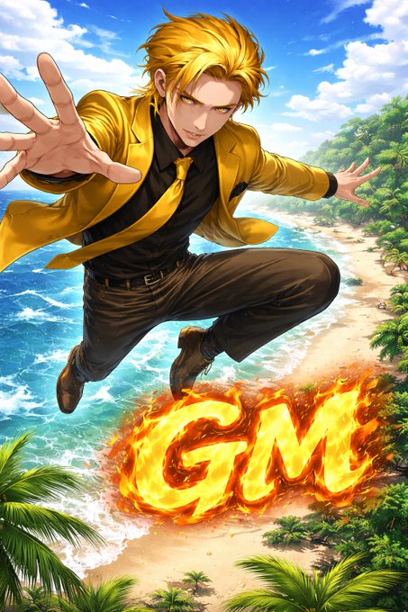 An anime-style illustration of a blond man in a yellow suit leaping dynamically above flaming letters spelling 'GM' against a tropical beach backdrop.