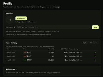 A dark-themed profile webpage shows an identity score of "78" and a trade history listing recent transactions of various amounts and tokens.