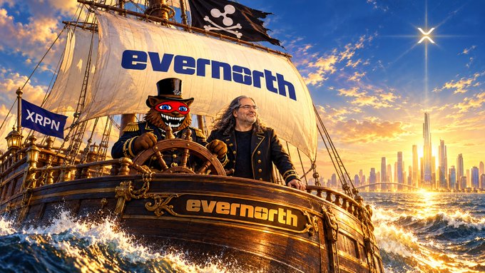 An ornate pirate ship sails toward a golden city skyline, featuring a masked furry captain and a man at the helm, with "evernorth" emblazoned on its sail alongside an XRP flag and skull logo. The image visually represents the post's announcement of Evernorth's approved XRP treasury deal launching under Nasdaq ticker XRPN with approximately $300M cash and 473 million XRP.