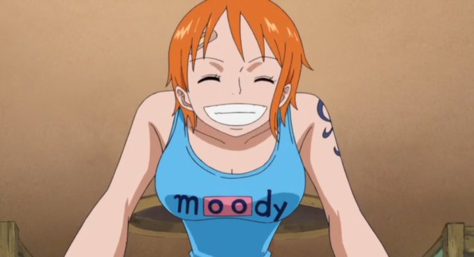 An animated female character with orange hair smiles broadly while wearing a blue tank top displaying the word "moody" across the chest.