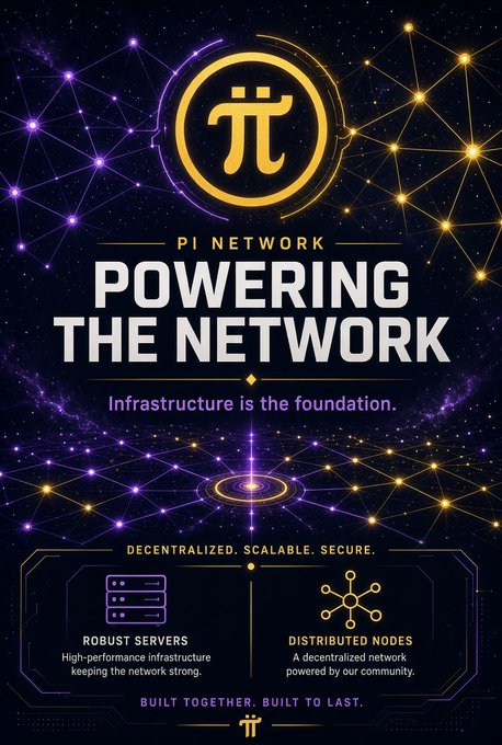 A promotional graphic for Pi Network featuring its logo and the text 'POWERING THE NETWORK - Infrastructure is the foundation - DECENTRALIZED. SCALABLE. SECURE - ROBUST SERVERS - DISTRIBUTED NODES - BUILT TOGETHER. BUILT TO LAST.'