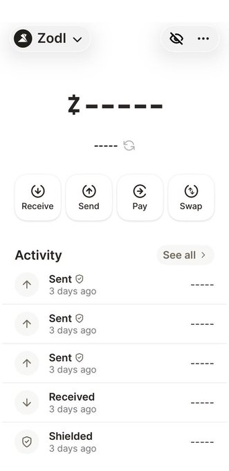 A screenshot of the Zodl app interface showing a "Z" wallet with an empty balance (all amounts redacted) and an activity log featuring "Sent," "Received," and "Shielded" transactions from 3 days ago. The image illustrates the privacy-focused Zodl app, aligning with the post's message about shielding $ZEC transactions for financial privacy and security using the Keystone 3 Pro.