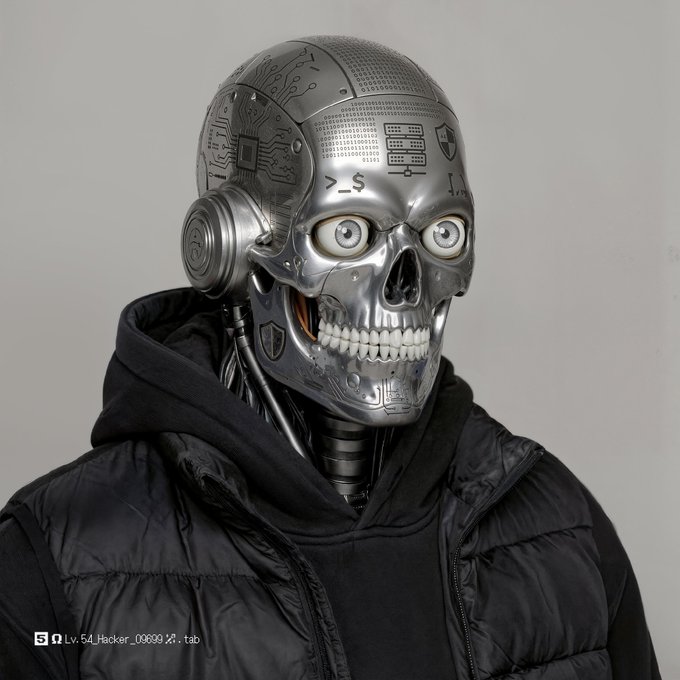 A close-up of a metallic robotic skull with exposed circuitry and wide eyes, wearing a black puffy jacket, with text 'Lv. 54 Hacker_00909.stab' in the corner.