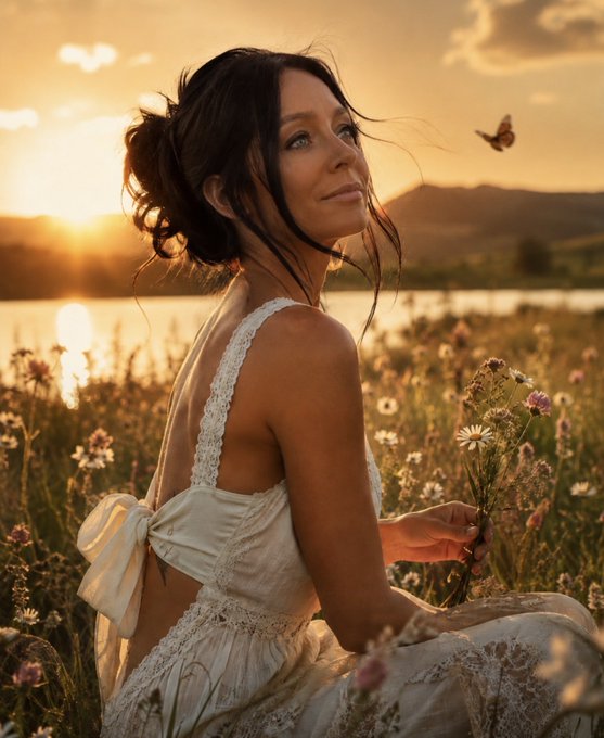 A woman with dark hair in an updo and a white dress kneels in a field of wildflowers at sunset, holding a small bouquet, with a butterfly flying nearby.
