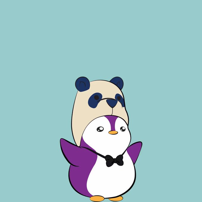 A charming cartoon illustration features a purple and white penguin wearing a tan panda hood and a black bowtie against a light blue background, playfully nodding to the "Year of the Penguins" theme of the Pudgy Penguins community. The whimsical design captures the mascot spirit of the @pudgypenguins NFT collection, symbolizing the user's enthusiastic new membership in the "Huddle."