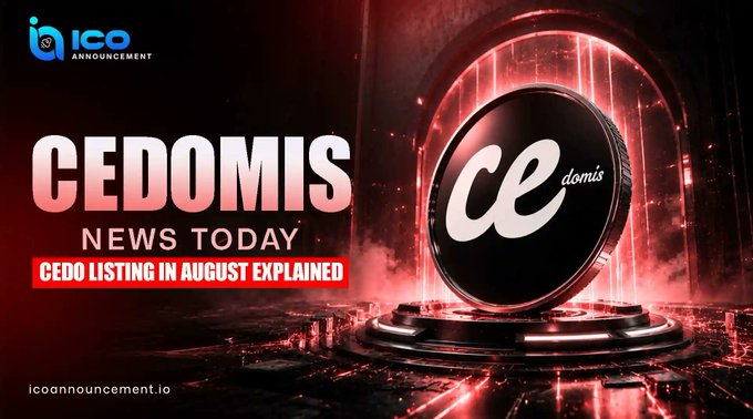 A promotional graphic for Cedomis (CEDO) features the ticker logo alongside the text "CEDOMIS NEWS TODAY" and "CEDO LISTING IN AUGUST EXPLAINED," highlighting the project's restart of its community voting process ahead of its anticipated August listing. The icoannouncement.io branding is displayed at the top left and bottom of the image.