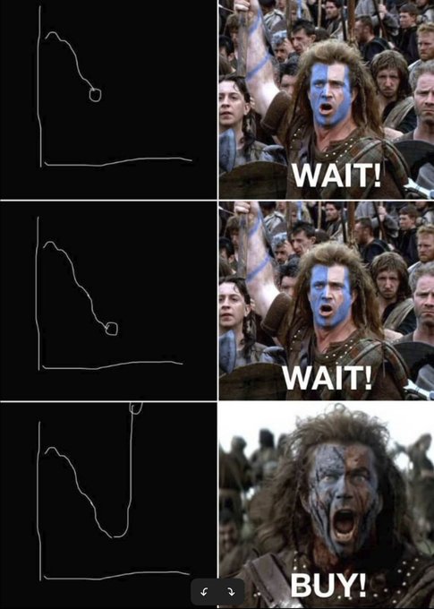 A three-panel Braveheart meme showing a chart with declining price similar to a dip, with 'WAIT!' panels where the character is calm, and 'BUY!' when the chart shows a sudden spike upward.