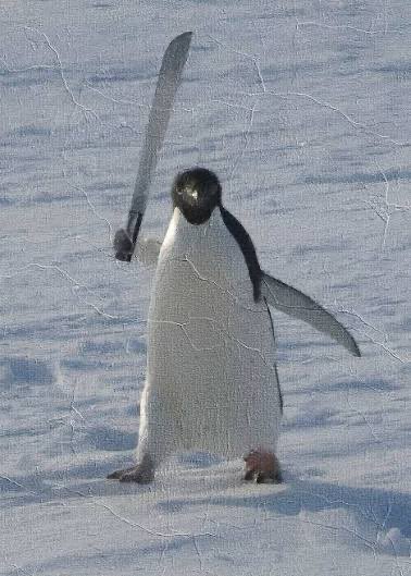 A surreal, likely AI-generated image shows an emperor penguin standing upright on snow while holding a large machete in its flipper, with visible red coloring near its feet suggesting injury.