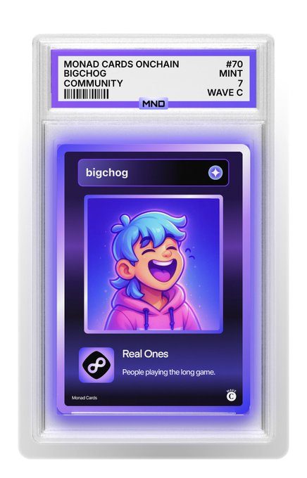 A digital trading card labeled 'MONAD CARDS ONCHAIN' featuring the username 'bigchog' with a cartoon character with blue hair, tagged 'Real Ones - People playing the long game.', and marked #70 MINT 7 WAVE C.
