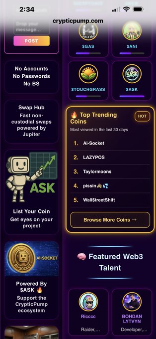 A screenshot of a mobile app interface for 'crypticpump.com' showing sections for 'Top Trending Coins' (AI-Socket, LAZYPOS, Taylormoons, pissin, WallStreetShit), 'Featured Web3 Talent' (Riccco, BOHDAN LYTVYN), and information about 'Swap Hub' and '$ASK'.