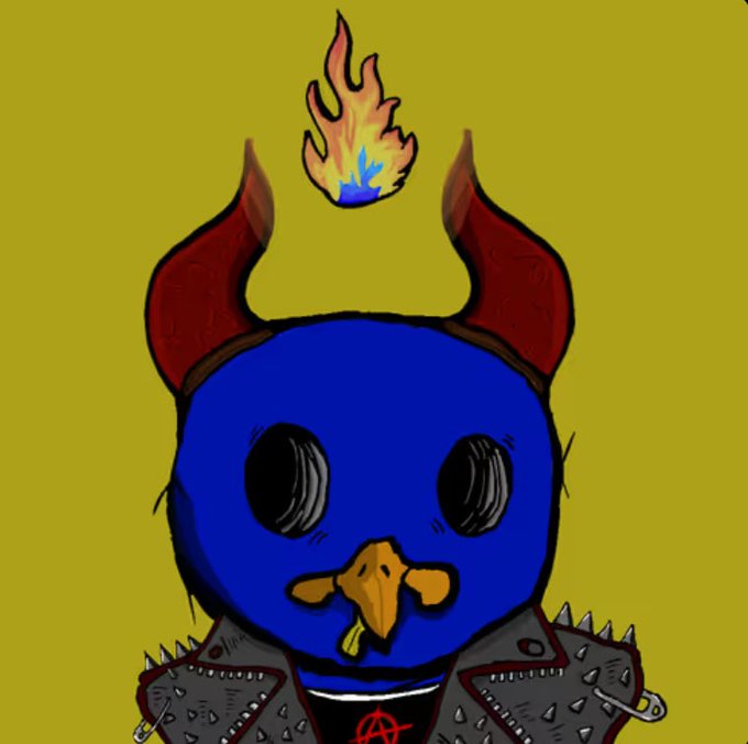 A digital drawing of a blue bird-like character with red devil horns, a flaming icon above its head, glowing orange eyes, and a spiked black leather jacket, set against a yellow background.