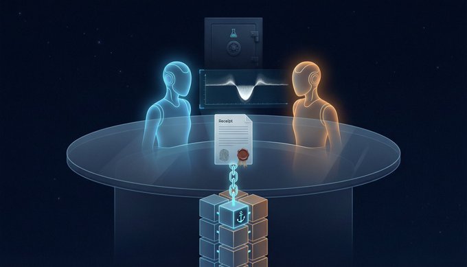 The image depicts two holographic figures (one blue, one orange) seated at a table reviewing a "Receipt" document above a stack of blockchain-styled blocks, with a safe and waveform graphic in the background, symbolizing a secure crypto transaction or exchange. It relates to the post by illustrating the promised "huge opportunity" as a profitable deal or exchange, contrasting with the warning that "farmers" (likely crypto airdrop hunters or opportunistic participants) won't benefit from it.