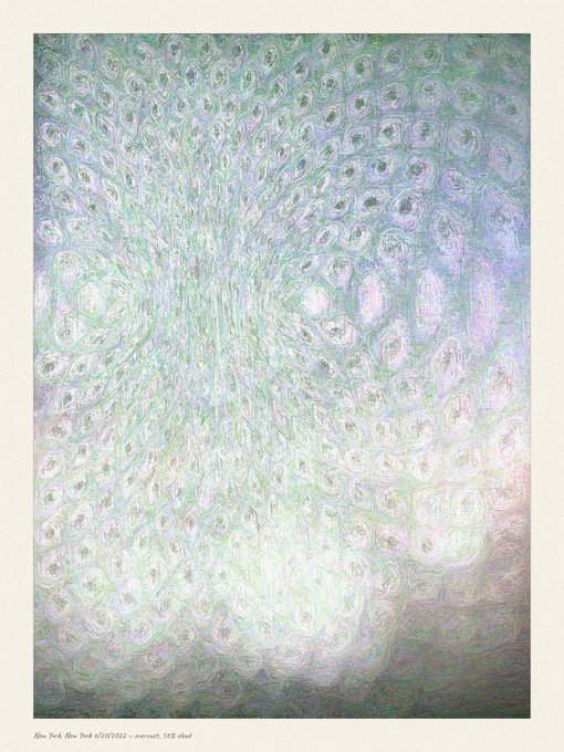 An abstract artwork featuring swirling circular patterns in soft green, purple, and white hues, with small text at the bottom reading 'New York, New York 4/20/2022 - overcast, 54F shed'.