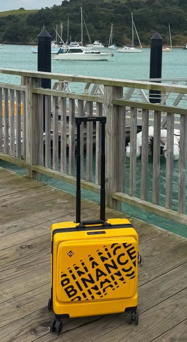 The image features a yellow suitcase with black text that reads "binance", placed on a wooden dock or pier, likely near a body of water such as a lake or river. The suitcase has wheels and handles for easy transportation.