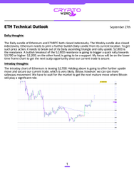 A CryptoWZRD "ETH Technical Outlook" dated September 27th, providing daily thoughts on Ethereum and ETHBTC with bullish/bearish price scenarios discussed.