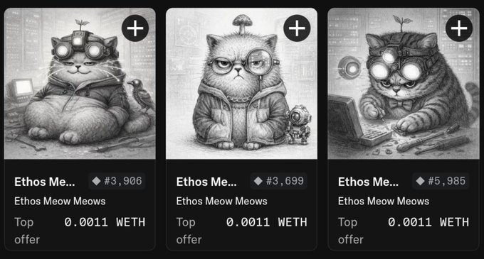 Three NFT listings from the 'Ethos Meow Meows' collection featuring sketches of cats with goggles and accessories, each priced at a top offer of 0.0011 WETH.