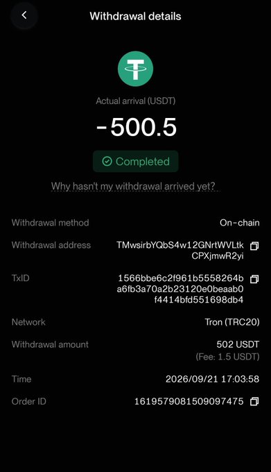 A screenshot of a withdrawal details page showing a completed transaction of 500.5 USDT (502 USDT minus 1.5 USDT fee) sent via the Tron (TRC20) network to address TMwsirbYQbS4w12GNrtWVLt... at 17:03:58 on 2026/09/21, presumably serving as proof of the giveaway prize payout.