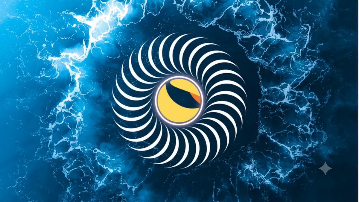 The image features a large, eye-catching logo with a yellow circle containing an orange "O", surrounded by blue swirls that resemble waves or lightning bolts. The background of the image is dark blue, which contrasts with the bright colors of the logo. The text in the image reads "Gm $LUNC ARMY".